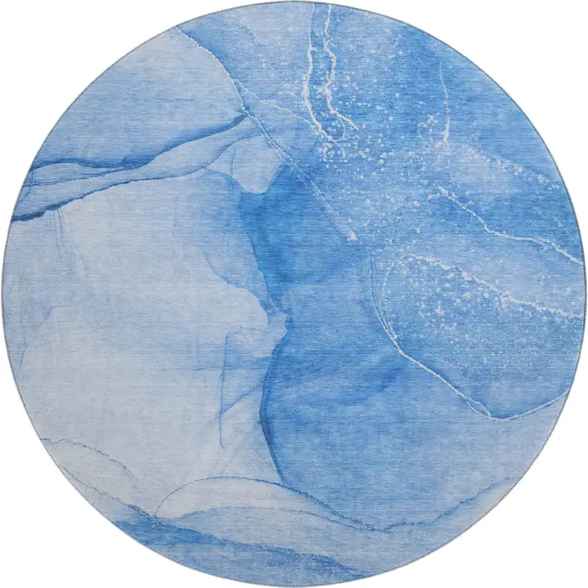 8' Blue And Ivory Abstract Washable Round Rug With UV Protection Photo 1