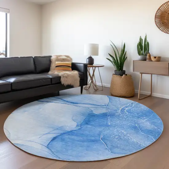 8' Blue And Ivory Abstract Washable Round Rug With UV Protection Photo 5