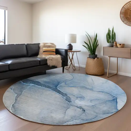 8' Blue And Ivory Abstract Washable Round Rug With UV Protection Photo 5