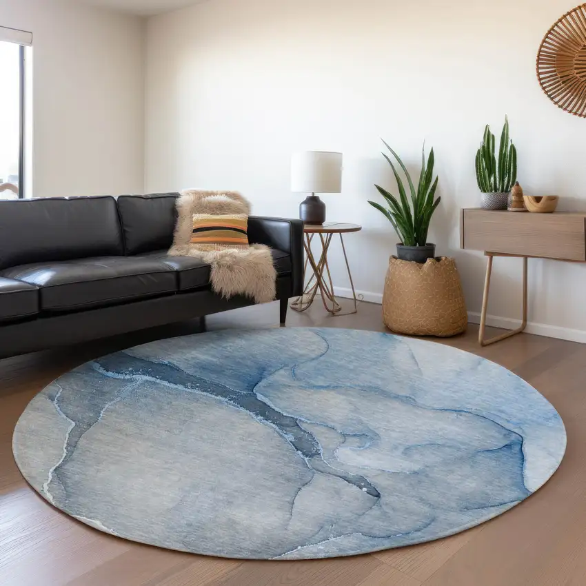 8' Blue And Ivory Abstract Washable Round Rug With UV Protection Photo 5