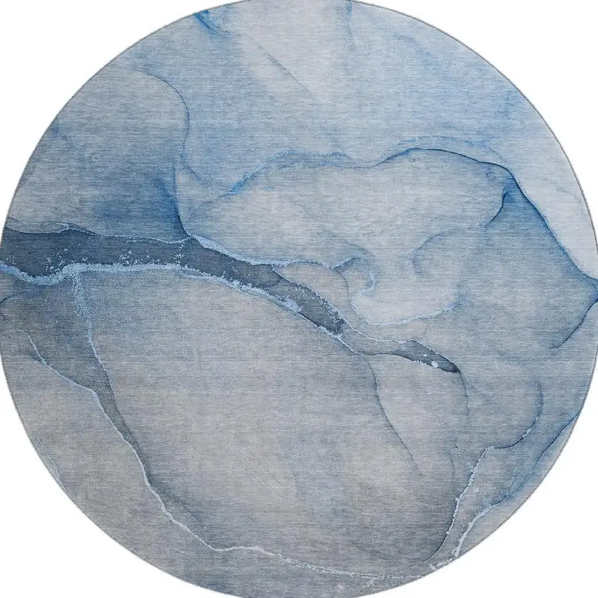 8' Blue And Ivory Abstract Washable Round Rug With UV Protection Photo 4