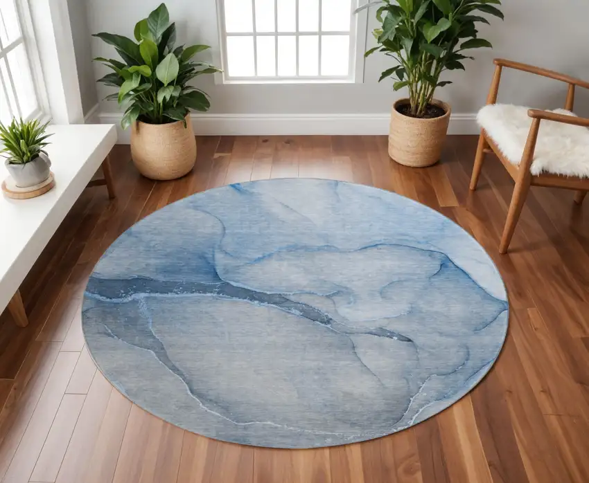8' Blue And Ivory Abstract Washable Round Rug With UV Protection Photo 2