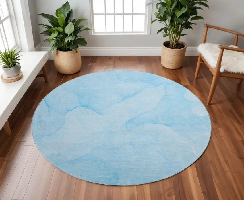 8' Blue And Ivory Abstract Washable Round Rug With UV Protection Photo 2