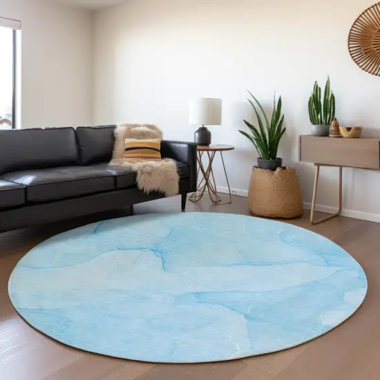 8' Blue And Ivory Abstract Washable Round Rug With UV Protection Photo 5