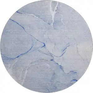 Photo of 8' Blue And Ivory Abstract Washable Round Rug With UV Protection