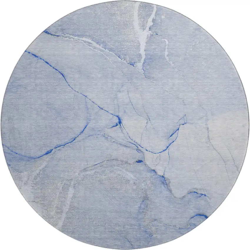 8' Blue And Ivory Abstract Washable Round Rug With UV Protection Photo 1
