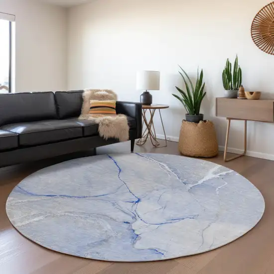8' Blue And Ivory Abstract Washable Round Rug With UV Protection Photo 5