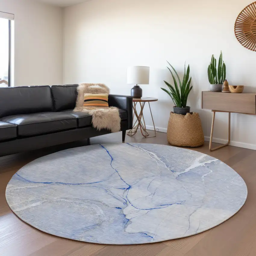 8' Blue And Ivory Abstract Washable Round Rug With UV Protection Photo 5