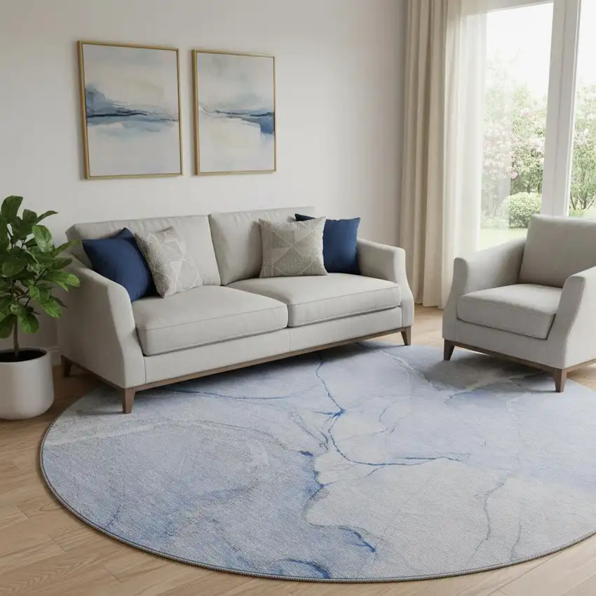 8' Blue And Ivory Abstract Washable Round Rug With UV Protection Photo 1