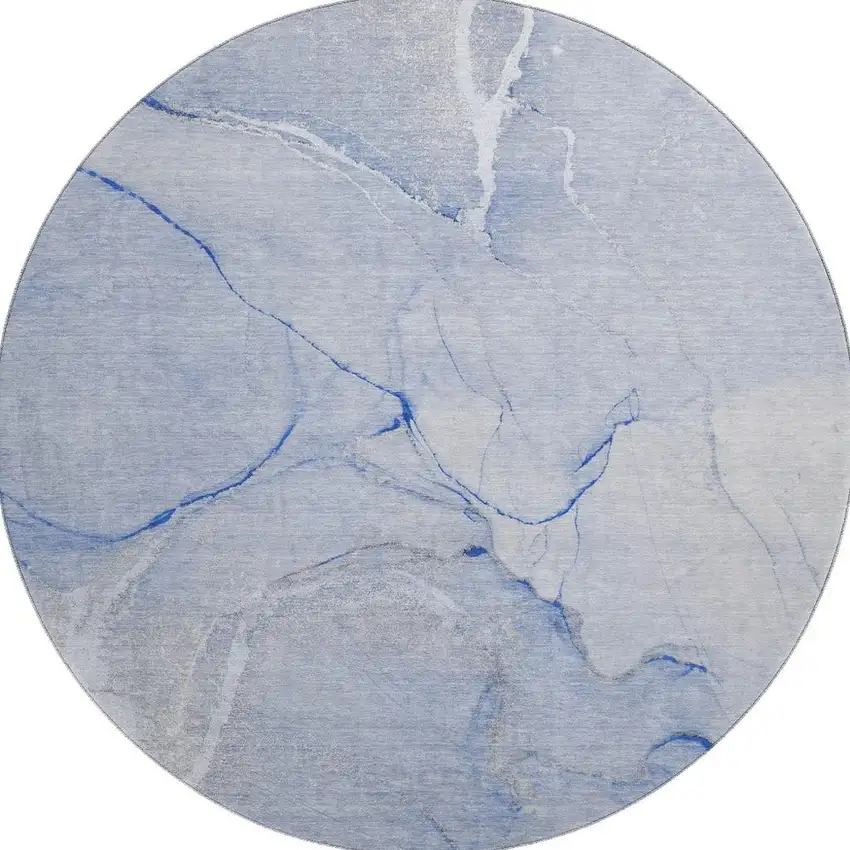 8' Blue And Ivory Abstract Washable Round Rug With UV Protection Photo 4