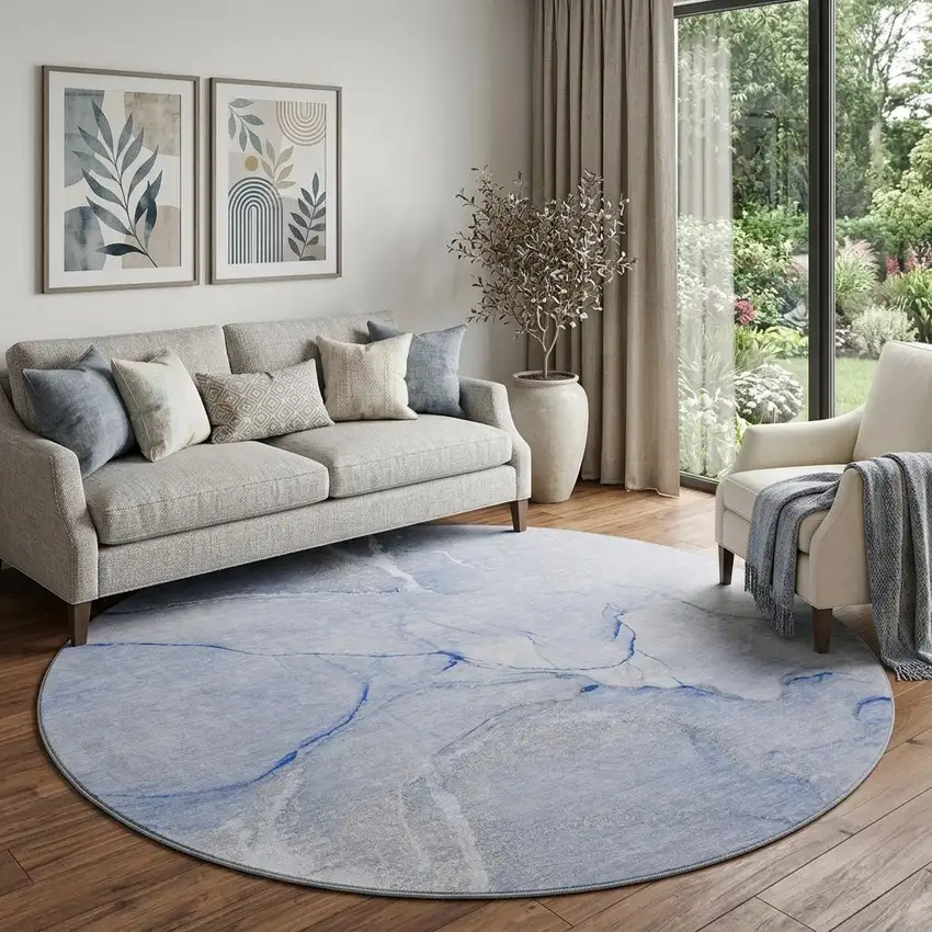 8' Blue And Ivory Abstract Washable Round Rug With UV Protection Photo 1