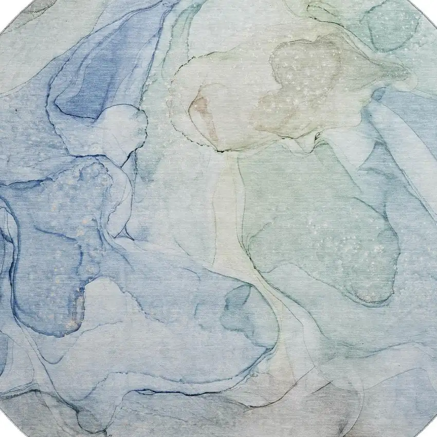 8' Blue And Ivory Abstract Washable Round Rug With UV Protection Photo 3