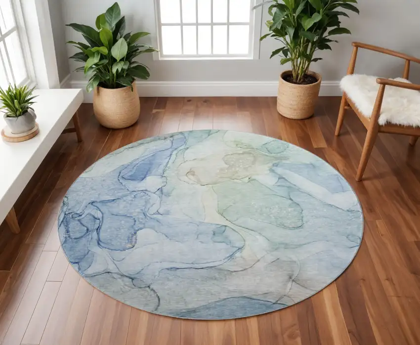 8' Blue And Ivory Abstract Washable Round Rug With UV Protection Photo 2