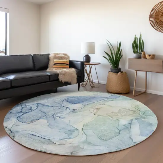 8' Blue And Ivory Abstract Washable Round Rug With UV Protection Photo 5