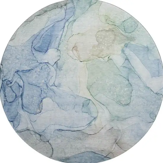 8' Blue And Ivory Abstract Washable Round Rug With UV Protection Photo 4