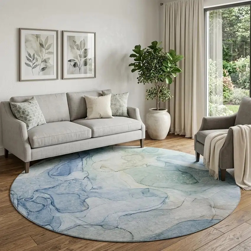 8' Blue And Ivory Abstract Washable Round Rug With UV Protection Photo 1