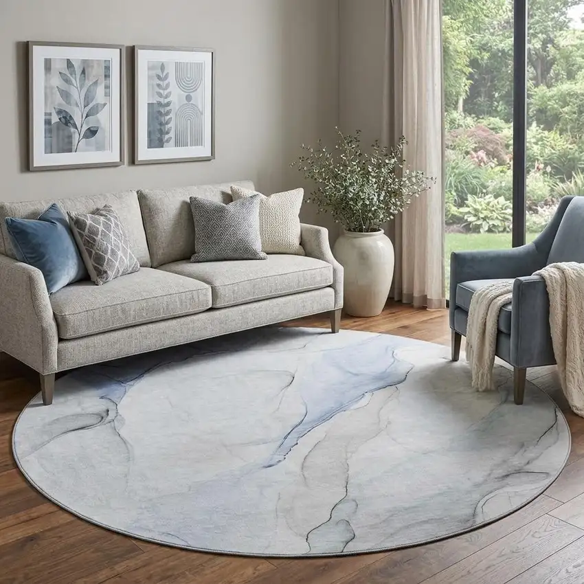 8' Blue And Ivory Abstract Washable Round Rug With UV Protection Photo 1