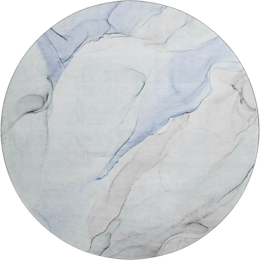 8' Blue And Ivory Abstract Washable Round Rug With UV Protection Photo 1