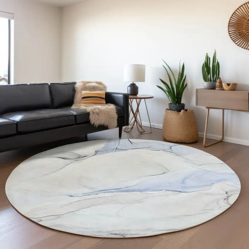 8' Blue And Ivory Abstract Washable Round Rug With UV Protection Photo 5