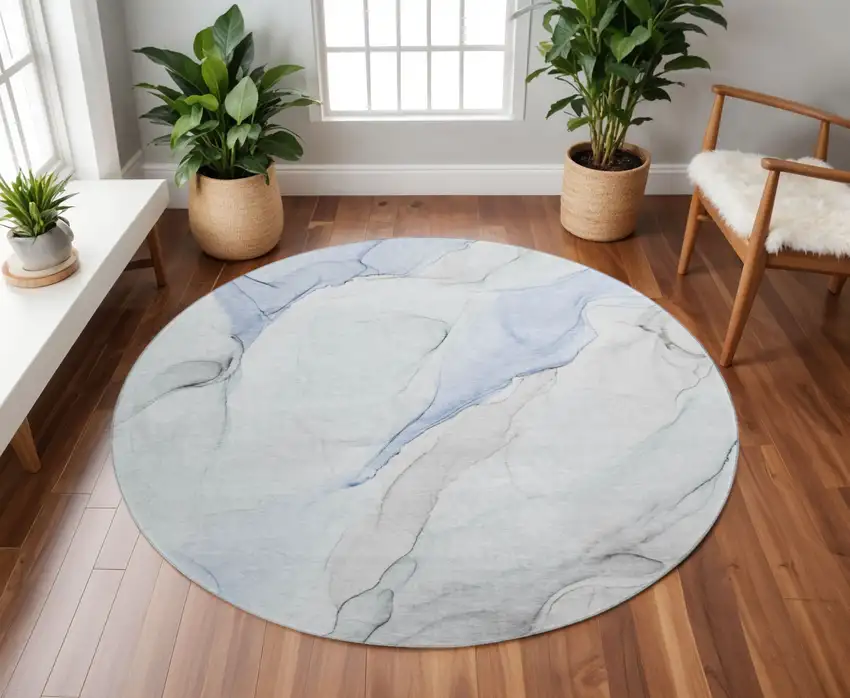 8' Blue And Ivory Abstract Washable Round Rug With UV Protection Photo 2