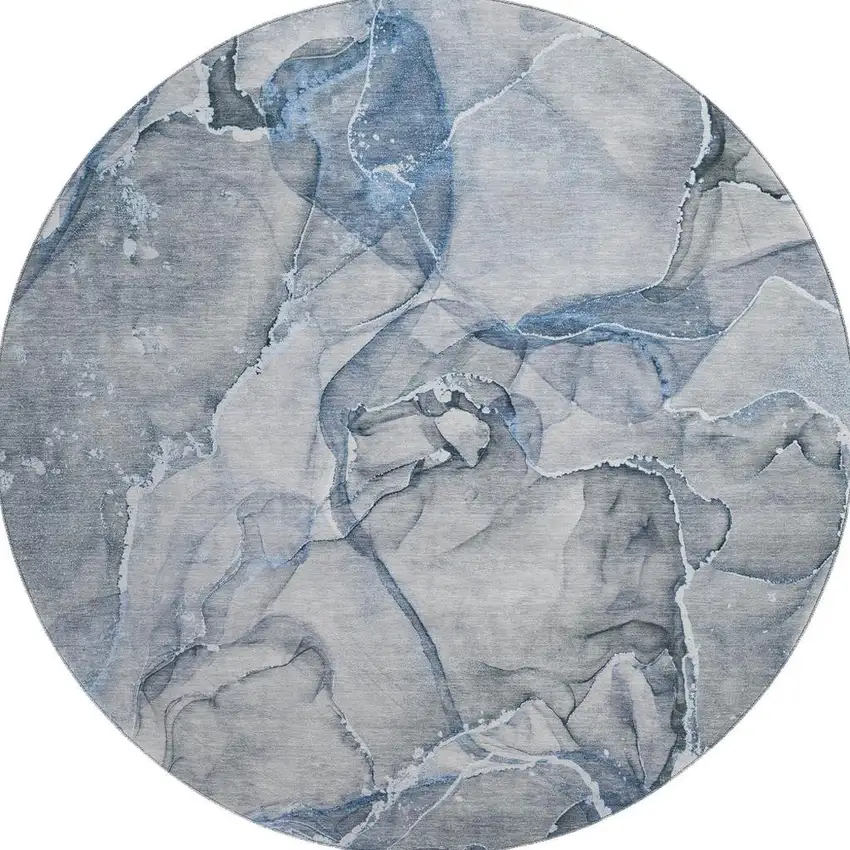 8' Blue And Ivory Abstract Washable Round Rug With UV Protection Photo 4
