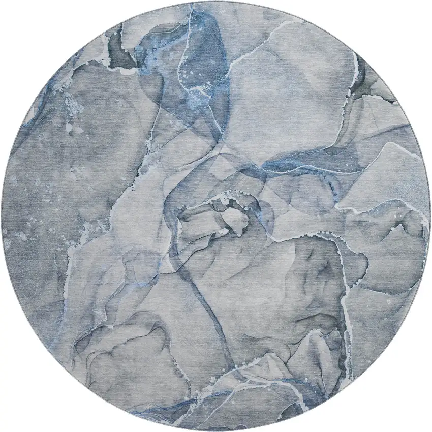 8' Blue And Ivory Abstract Washable Round Rug With UV Protection Photo 1