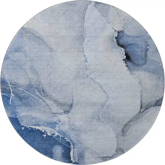 8' Blue And Ivory Abstract Washable Round Rug With UV Protection Photo 4