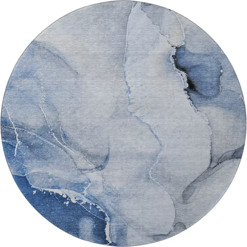 8' Blue And Ivory Abstract Washable Round Rug With UV Protection Photo 4