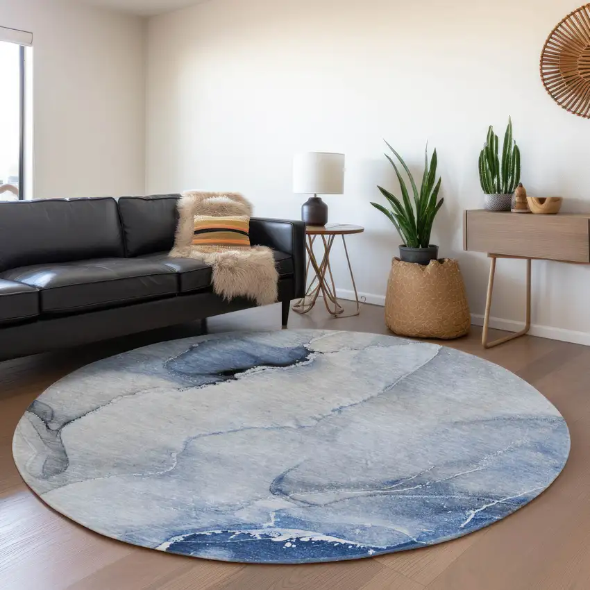 8' Blue And Ivory Abstract Washable Round Rug With UV Protection Photo 5