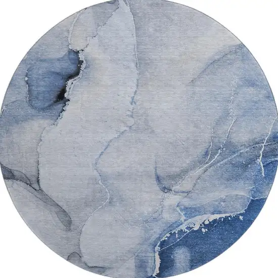 8' Blue And Ivory Abstract Washable Round Rug With UV Protection Photo 3