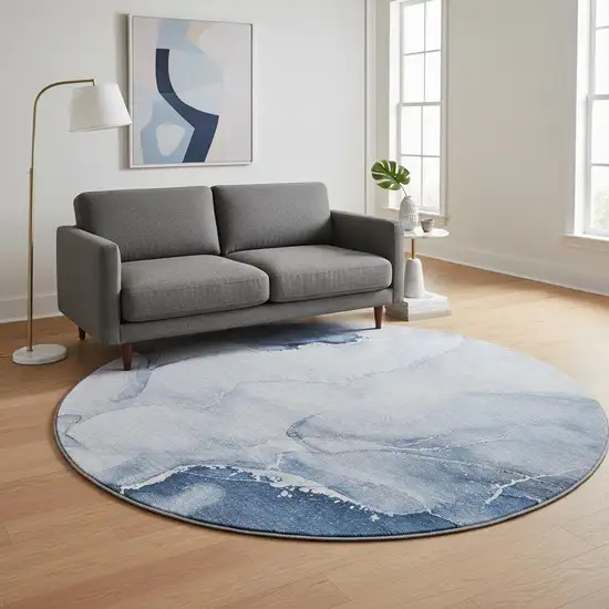 8' Blue And Ivory Abstract Washable Round Rug With UV Protection Photo 2