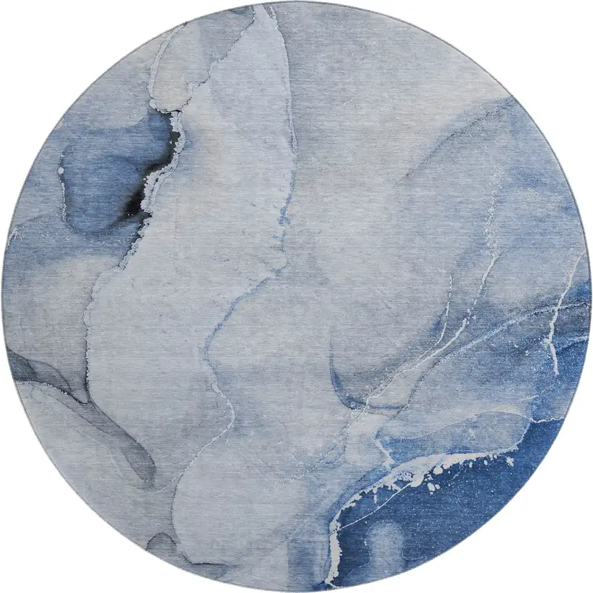 8' Blue And Ivory Abstract Washable Round Rug With UV Protection Photo 1