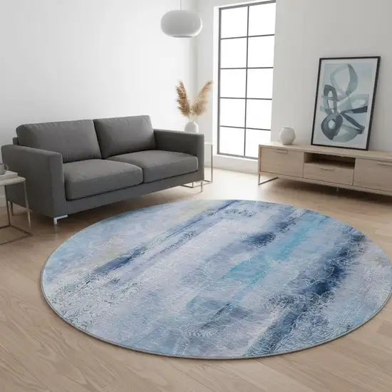 8' Blue And Ivory Abstract Washable Round Rug With UV Protection Photo 2