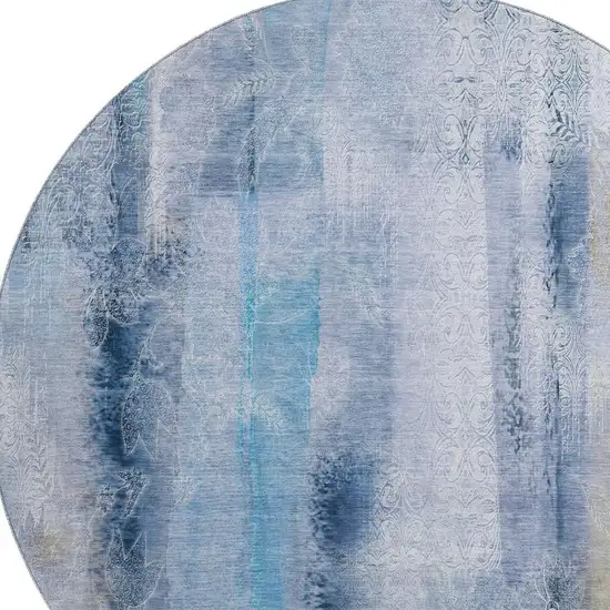 8' Blue And Ivory Abstract Washable Round Rug With UV Protection Photo 3