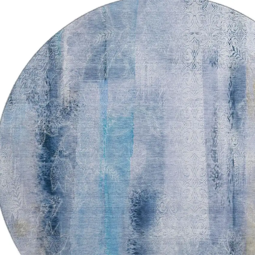 8' Blue And Ivory Abstract Washable Round Rug With UV Protection Photo 3