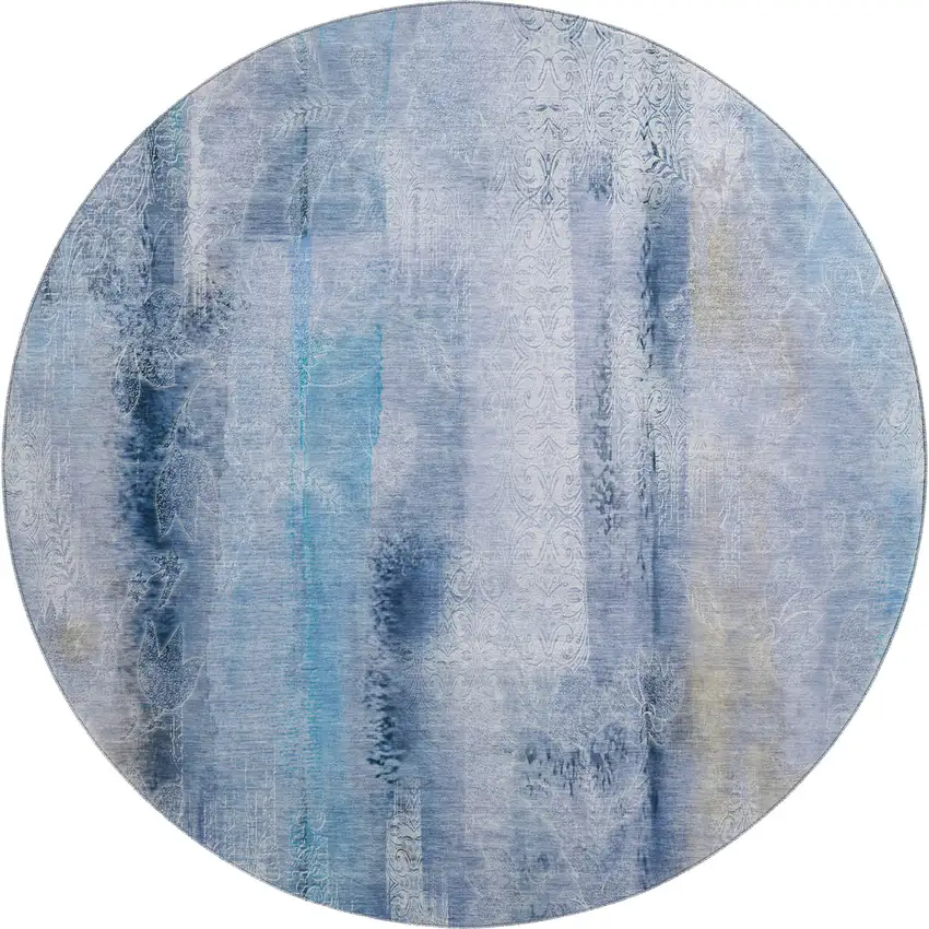 8' Blue And Ivory Abstract Washable Round Rug With UV Protection Photo 1