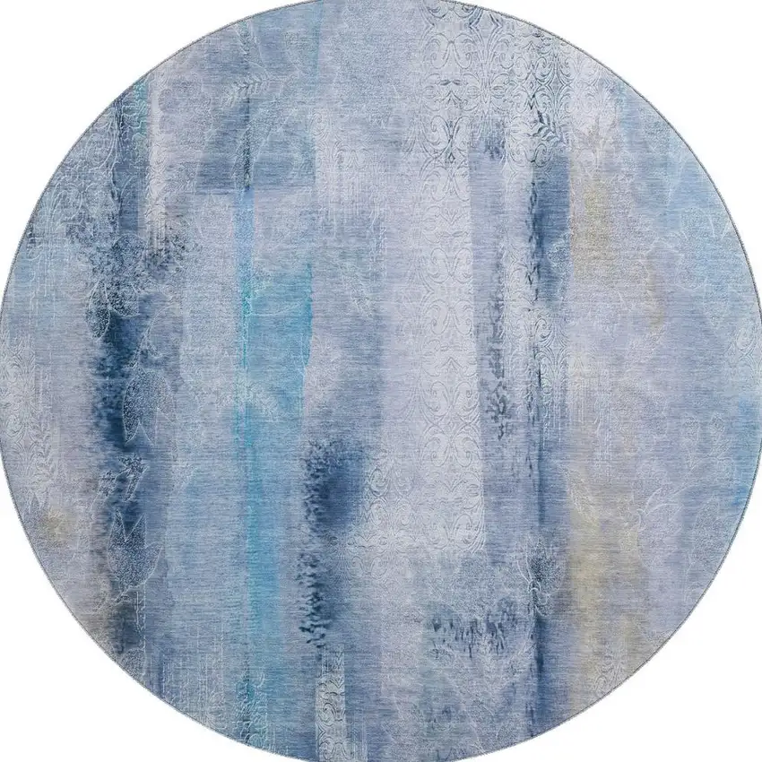 8' Blue And Ivory Abstract Washable Round Rug With UV Protection Photo 4