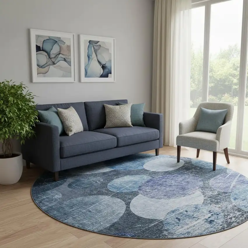 8' Blue And Ivory Abstract Washable Round Rug With UV Protection Photo 1