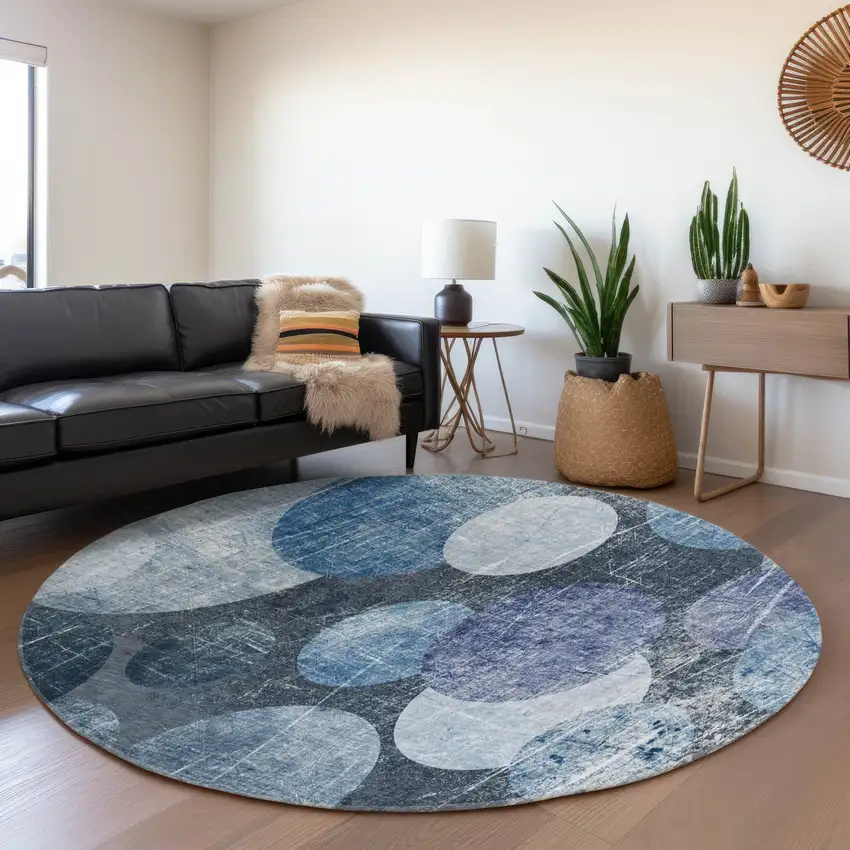 8' Blue And Ivory Abstract Washable Round Rug With UV Protection Photo 4