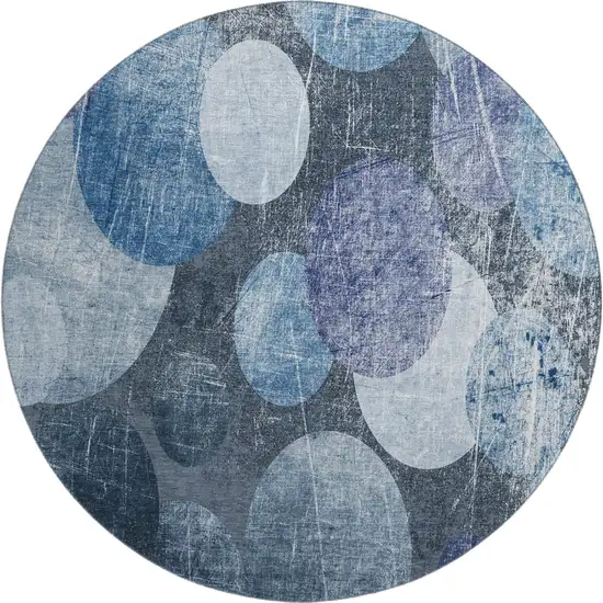 8' Blue And Ivory Abstract Washable Round Rug With UV Protection Photo 1