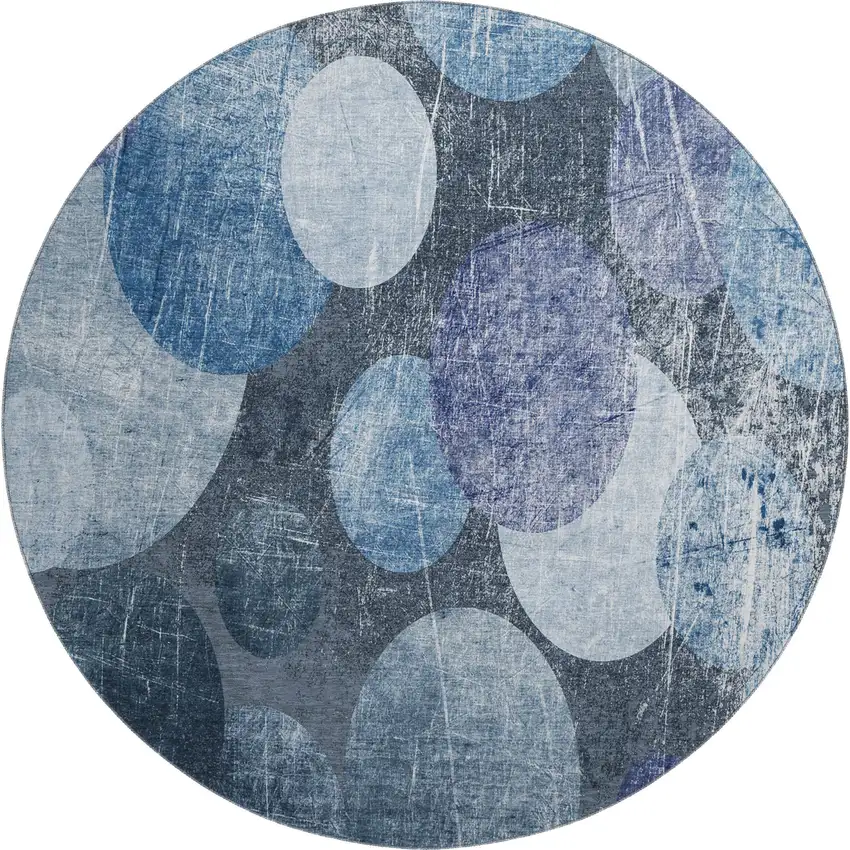 8' Blue And Ivory Abstract Washable Round Rug With UV Protection Photo 1