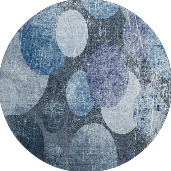 8' Blue And Ivory Abstract Washable Round Rug With UV Protection Photo 3