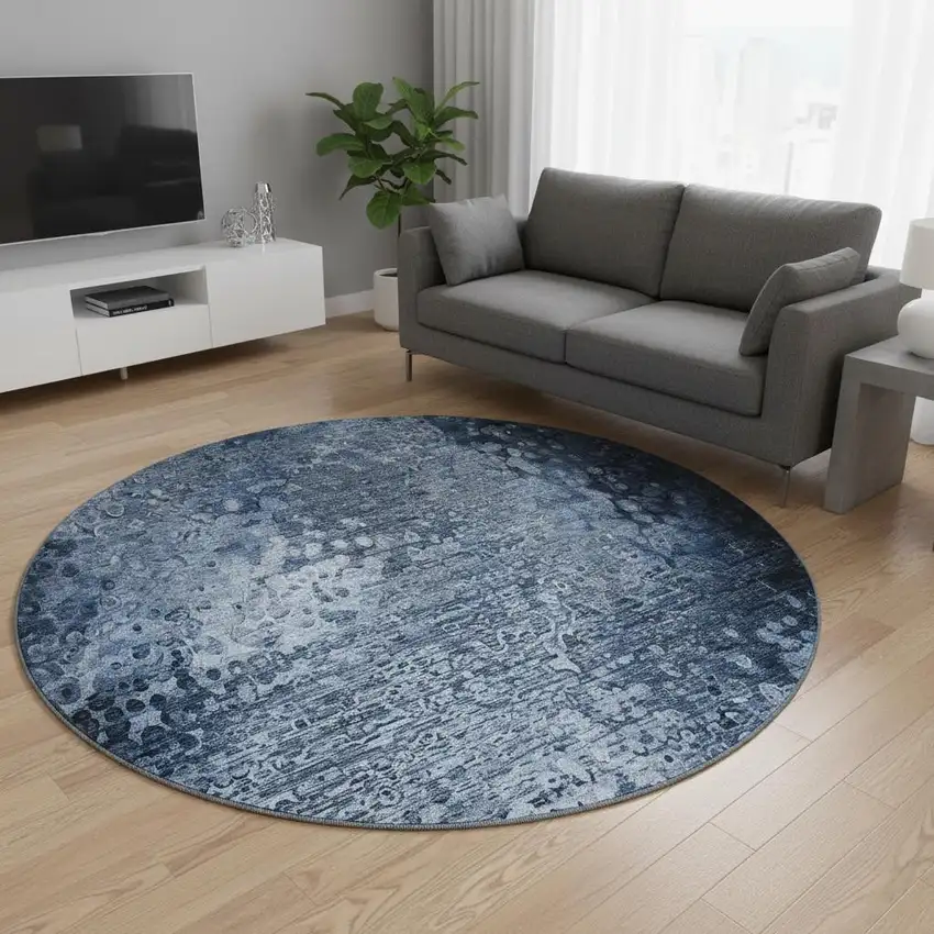 8' Blue And Ivory Abstract Washable Round Rug With UV Protection Photo 2