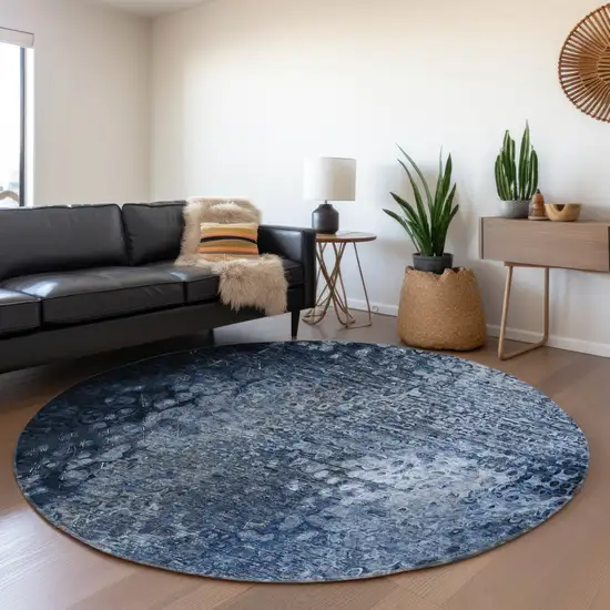 8' Blue And Ivory Abstract Washable Round Rug With UV Protection Photo 4