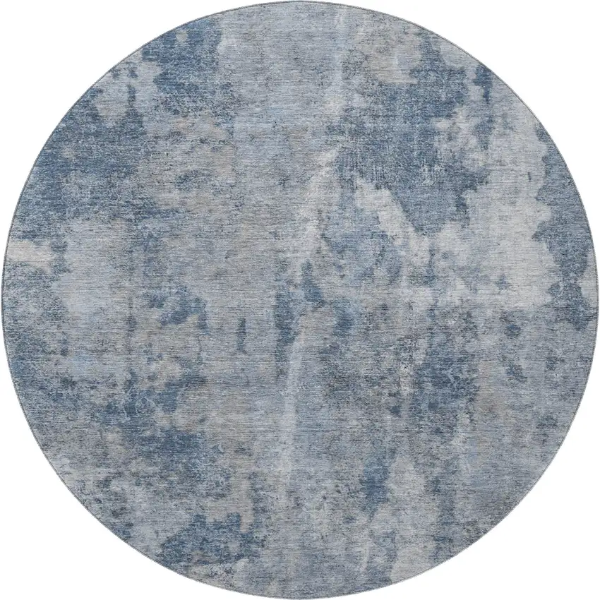 8' Blue And Ivory Abstract Washable Round Rug With UV Protection Photo 3