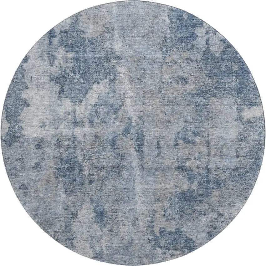 8' Blue And Ivory Abstract Washable Round Rug With UV Protection Photo 1