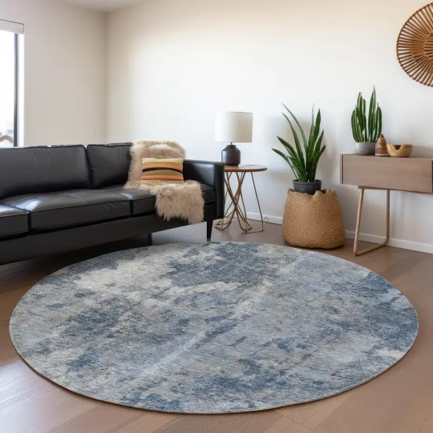 8' Blue And Ivory Abstract Washable Round Rug With UV Protection Photo 4