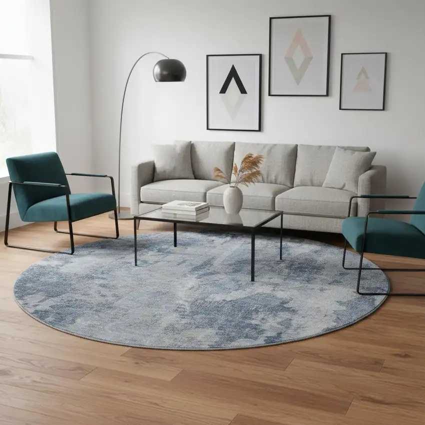 8' Blue And Ivory Abstract Washable Round Rug With UV Protection Photo 2