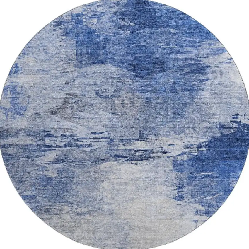 8' Blue And Ivory Abstract Washable Round Rug With UV Protection Photo 6