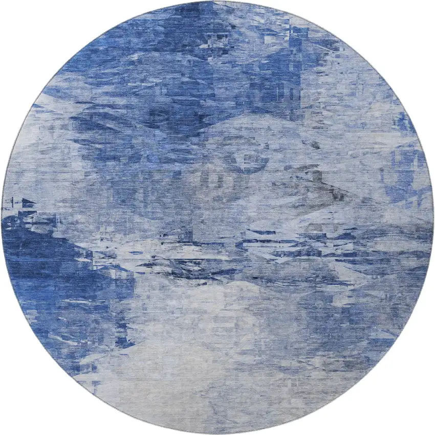 8' Blue And Ivory Abstract Washable Round Rug With UV Protection Photo 3